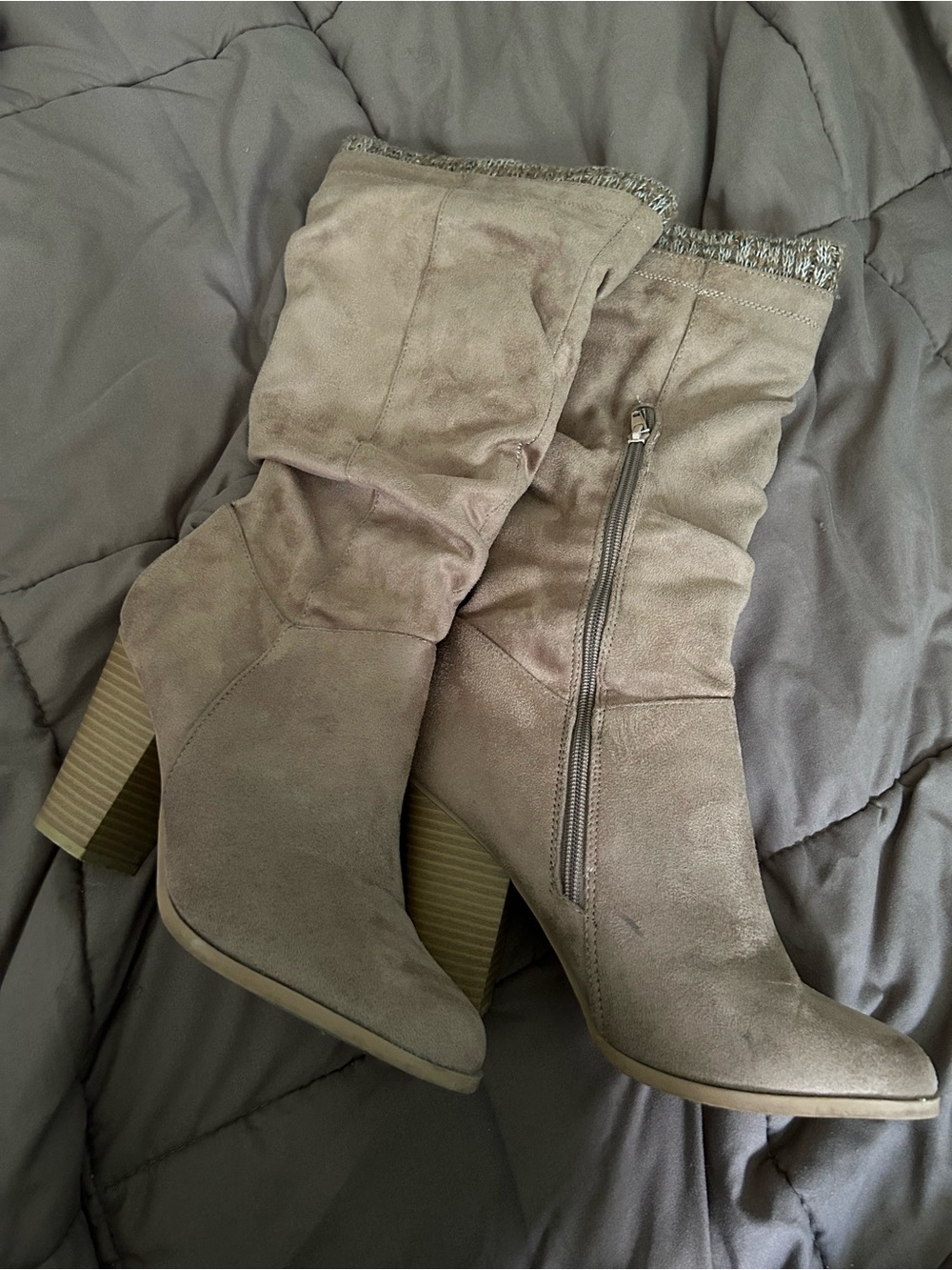Women's Taupe Mid-Calf Suede Block Heel Boots